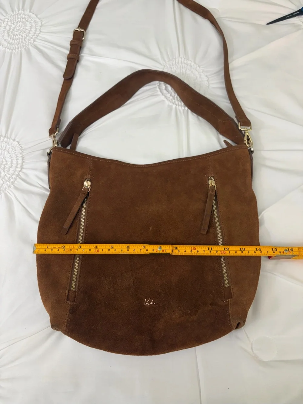 Cognac Brown Suede Leather Bohemian Hobo Crossbody Multi Gold Zipper Purse Bag